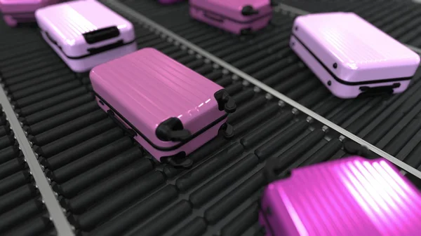 Många rosa resväskor rör på rulltransportör. 3D-rendering — Stockfoto