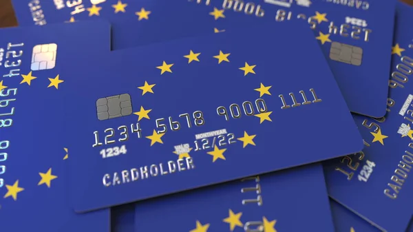 Pile de cartes de crédit avec drapeau de l'Union européenne. Système bancaire de l'UE rendu 3D conceptuel — Photo