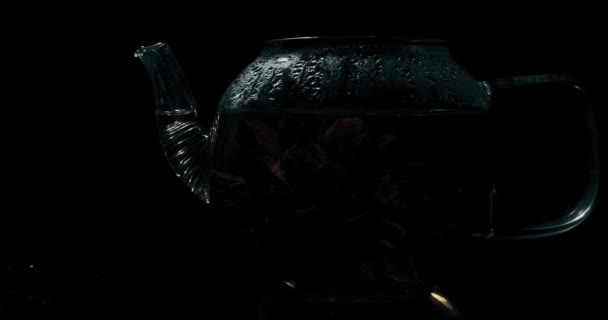热开花茶在玻璃茶壶，低调动态照明拍摄 — 图库视频影像