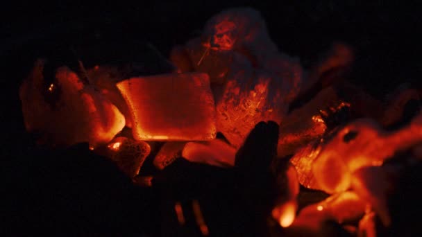 Abends glühende Holzkohle auf dem Grill. Nahaufnahme auf roter Kamera — Stockvideo