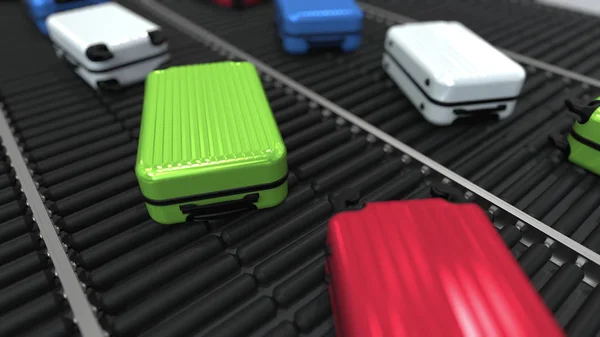 Varie valigie si muovono su trasportatore a rulli, rendering 3D — Foto Stock