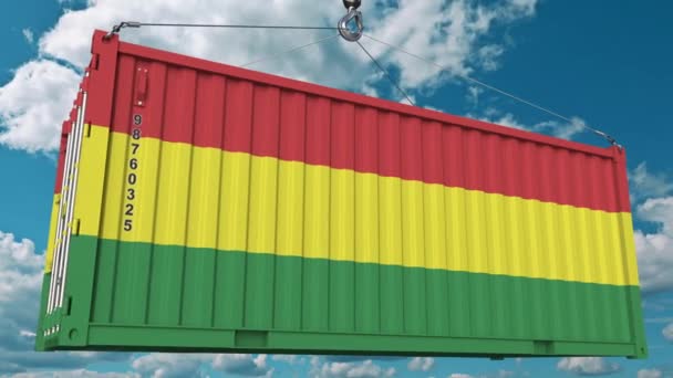 Contenedor con Bandera de Bolivia. Animación 3D conceptual relacionada con importación o exportación boliviana — Vídeo de stock
