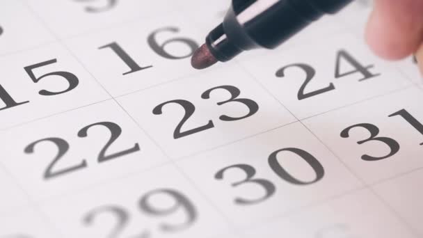Marcado o vigésimo terceiro dia 23 de um mês no calendário transforma-se em DUE DATE lembrete — Vídeo de Stock
