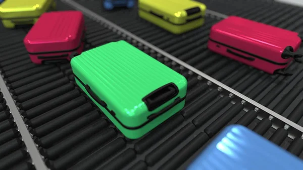 Trasferimento bagagli su trasportatore a rulli in aeroporto, rendering 3D — Foto Stock