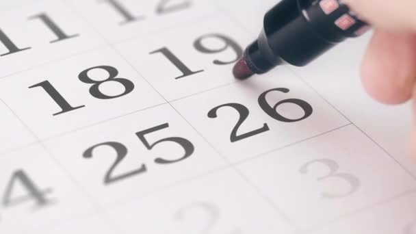 在日历中标记一个月的第二十六天，特写 — 图库视频影像
