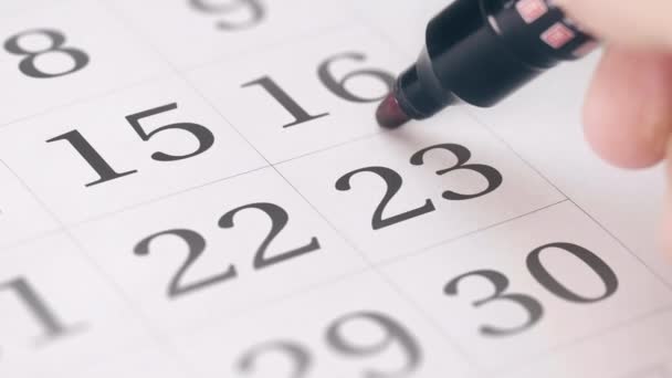 Σήμανση στην εικοστή τρίτη 23 ημέρα του μήνα στο ημερολόγιο, κοντινό — Αρχείο Βίντεο