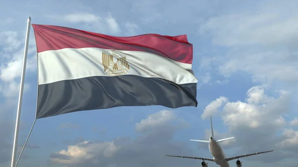 Vliegtuig vliegen over zwaaiende vlag van Egypte. 3D-rendering — Stockfoto