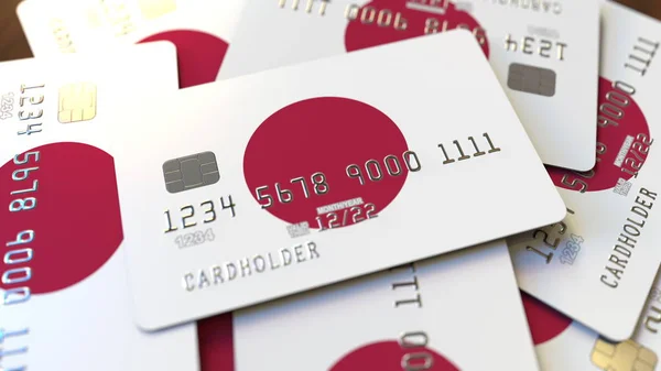 일본 국기가 있는 신용카드 더미. 일본 은행 시스템 개념적 3D 렌더링 — 스톡 사진