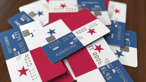 Stapel von Kreditkarten mit der Flagge Panamas. Konzeptionelle 3D-Darstellung des panamischen Bankensystems — Stockfoto