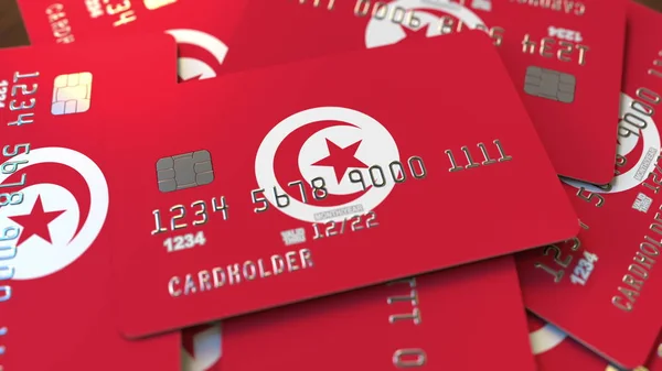 Stapel von Kreditkarten mit Thunfischfahne. Konzeptionelle 3D-Darstellung des tunesischen Bankensystems — Stockfoto