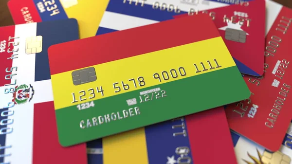 Řada kreditních karet s odlišnými vlajkami, zdůrazňovala bankovní kartu s Bolivií vlajkou. prostorové vykreslování — Stock fotografie