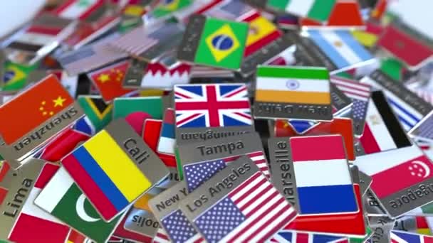브라질리아 텍스트와 다른 것들 사이에서 국기기념품 자석 또는 배지. 브라질 개념 인트로 애니메이션으로 여행 — 비디오