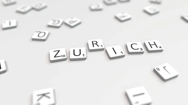 Zürich stad naam wordt samengesteld met scrabble letters. Redactionele 3d-weergave — Stockfoto