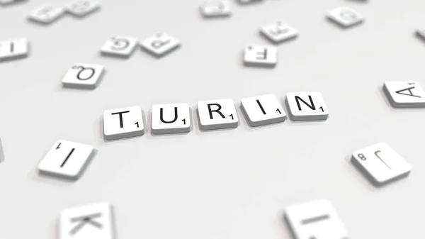 Scrabble harf karoları ile Torino şehir adı yapma. Editoryal 3d render — Stok fotoğraf