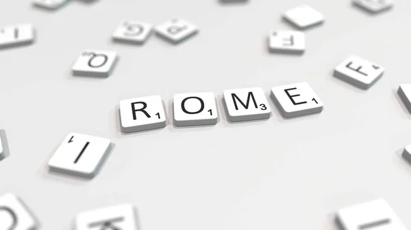 Composizione del nome della città di ROMA con lettere scrabble. Rendering editoriale 3D — Foto Stock