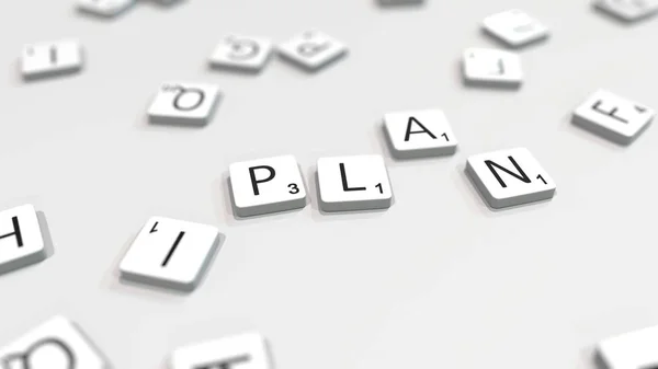 Słowo plan jest wykonany z literami Scrabble. Redakcja renderowania 3D — Zdjęcie stockowe