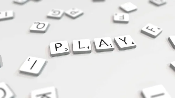 PLAY word being composed with scrabble letters. Editorial 3D rendering — Stock Photo, Image
