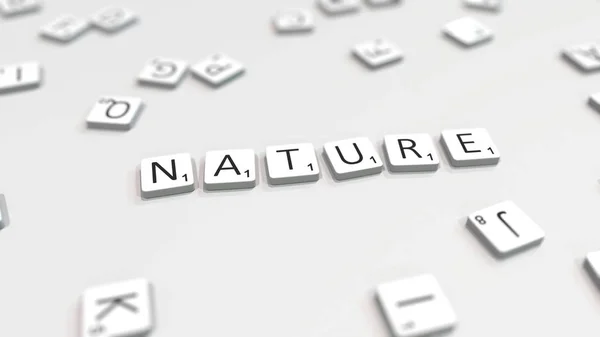 Naturwort, das mit Scrabble-Buchstaben gemacht wird. redaktionelles 3D-Rendering — Stockfoto