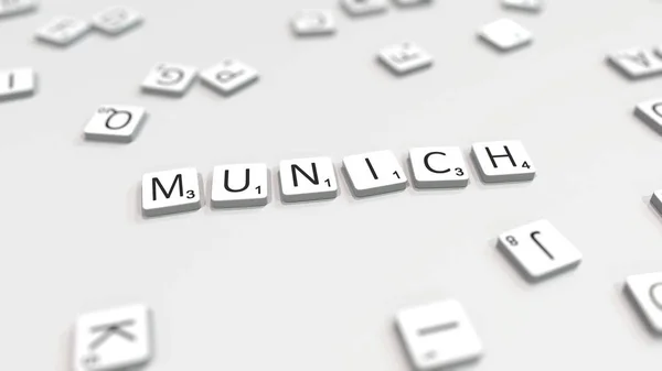 Fazendo MUNICH nome da cidade com telhas scrabble carta. Renderização 3D editorial — Fotografia de Stock