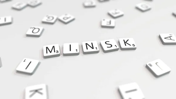 Minsk stad naam wordt samengesteld met Scrabble letters. Redactionele 3D-rendering — Stockfoto