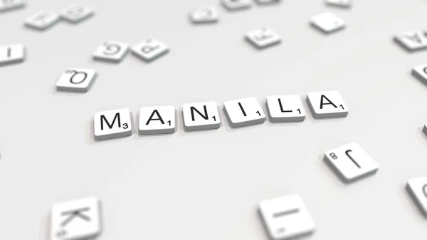 Manila stad namn som består av Scrabble Letters. Redaktionell 3D-rendering — Stockfoto