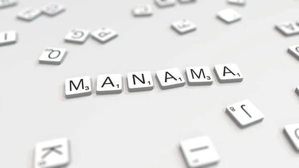 Manama stad naam wordt gemaakt met Scrabble letters. Redactionele 3D-rendering — Stockfoto