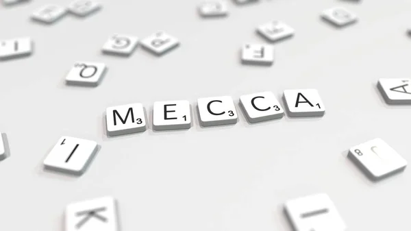 Mecca város nevét is készült firkál leveleket. Szerkesztőségi 3D renderelés — Stock Fotó