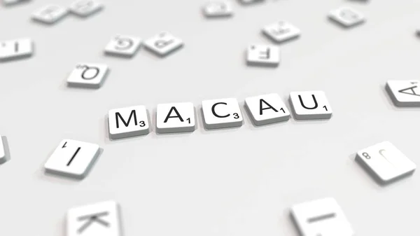 Macau stad naam wordt gecomponeerd met Scrabble letters. Redactionele 3D-rendering — Stockfoto