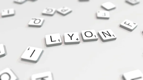 Het componeren van Lyon stad naam met Scrabble letters. Redactionele 3D-rendering — Stockfoto