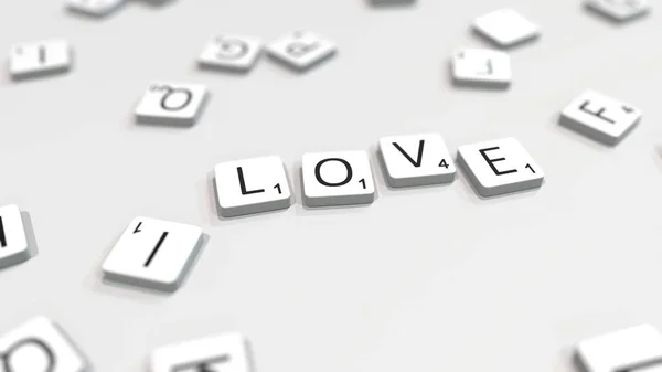 LOVE mot composé avec des lettres scrabble. Editorial rendu 3D — Photo