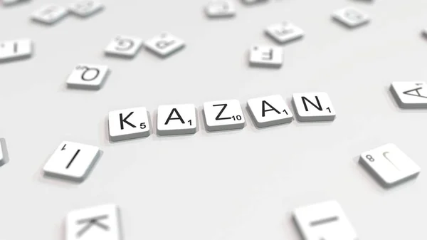 Dokonywanie nazwa miasta Kazań z płytek Scrabble list. Redakcja renderowania 3D — Zdjęcie stockowe