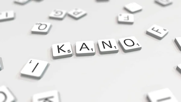 Dokonywanie nazwa miasta Kano z płytkami Scrabble list. Redakcja renderowania 3D — Zdjęcie stockowe