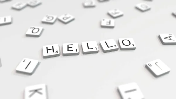 Hallo Word wordt gemaakt met Scrabble letters. Redactionele 3D-rendering — Stockfoto