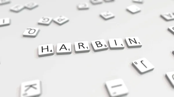 Harbin şehir adı scrabble harflerle yapılıyor. Editoryal 3d render — Stok fotoğraf