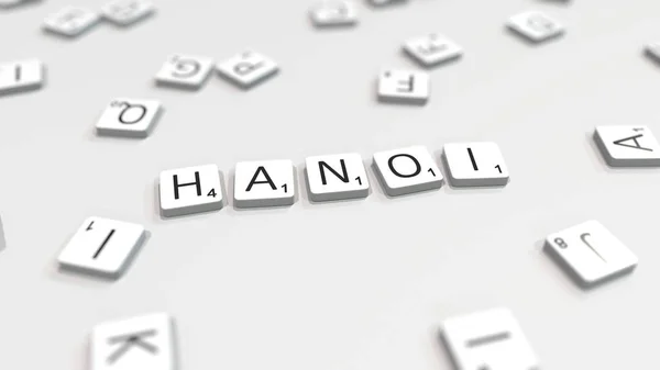 Hanoi stad naam wordt gemaakt met Scrabble letters. Redactionele 3D-rendering — Stockfoto