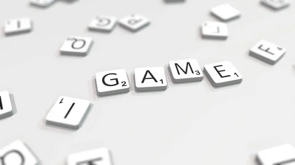 Spielwort, das mit Scrabble-Buchstaben komponiert wird. redaktionelles 3D-Rendering — Stockfoto