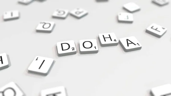 Making Doha város nevét Scrabble levél csempe. Szerkesztőségi 3D renderelés — Stock Fotó
