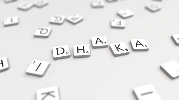 Het maken van Dhaka City naam met Scrabble brief tegels. Redactionele 3D-rendering — Stockfoto