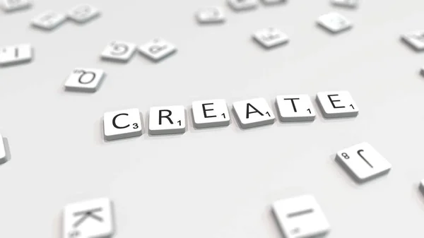 Componiendo CREAR palabra con letras scrabble. Representación Editorial 3D —  Fotos de Stock