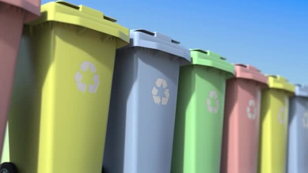 Fila de recipientes de lixo para diferentes tipos de lixo reciclado. Loopable animação 3D — Vídeo de Stock