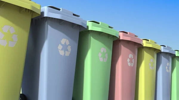 用于各种再生废物的多色垃圾桶。3d 渲染 — 图库照片