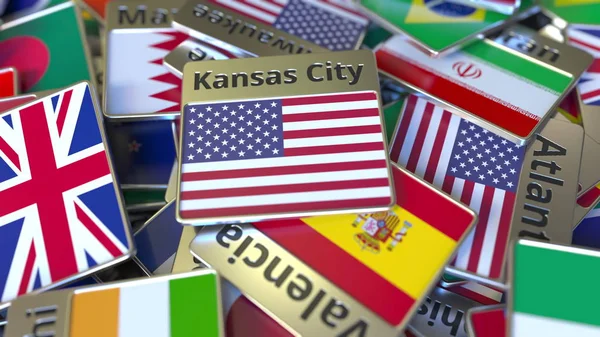 Imán de recuerdo o insignia con texto de Kansas City y bandera nacional entre diferentes. Viajar a los Estados Unidos renderizado 3D conceptual —  Fotos de Stock