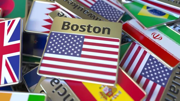 Imán de recuerdo o insignia con texto de Boston y bandera nacional entre diferentes. Viajar a los Estados Unidos renderizado 3D conceptual —  Fotos de Stock