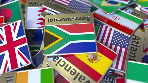 요하네스버그 텍스트와 다른 것들 사이에서 국기 기념품 자석 또는 배지. 남아프리카 공화국 개념3D 렌더링으로 이동 — 스톡 사진