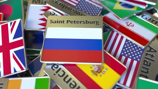 Αναμνηστικό μαγνήτη ή σήμα με το κείμενο της Αγίας Πετρούπολης και την εθνική σημαία μεταξύ διαφορετικών. Ταξιδεύοντας στη Ρωσία εννοιολογική απόδοση 3D — Φωτογραφία Αρχείου