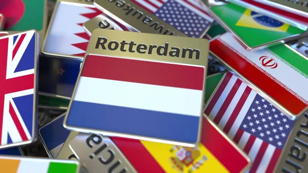 기념품 자석 또는 다른 것 들 중 로테르담 텍스트와 국기와 배지. 네덜란드 개념형 3D 렌더링으로 여행 — 스톡 사진