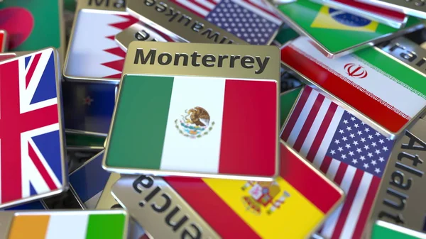 Souvenir magneet of badge met Monterrey tekst en nationale vlag onder verschillende. Reizen naar Mexico conceptuele 3D-rendering — Stockfoto