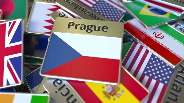 Ímã de lembrança ou crachá com texto de Praga e bandeira nacional entre diferentes. Viajar para a República Tcheca renderização 3D conceitual — Fotografia de Stock