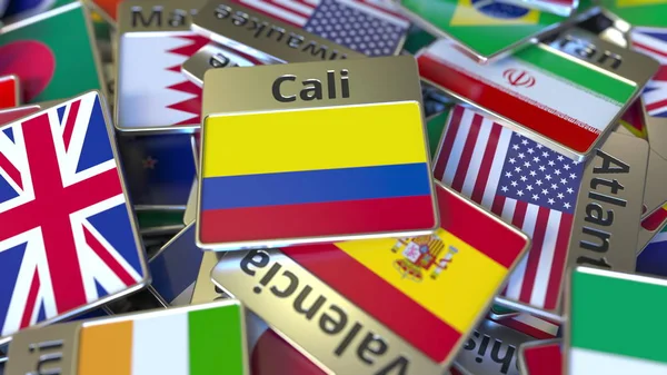 Souvenir magnet eller Badge med Cali text och nationella flaggan bland olika sådana. Resa till Colombia Konceptuell 3D-rendering — Stockfoto