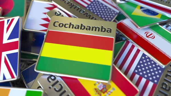Magnete ricordo o distintivo con testo Cochabamba e bandiera nazionale tra quelli diversi. Viaggiare in Bolivia rendering 3D concettuale — Foto Stock